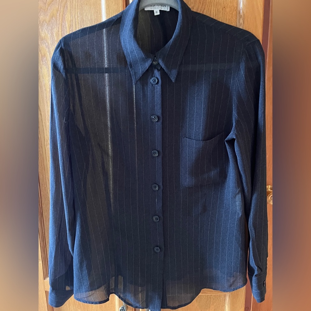 Georgio Armani Sheer Pin-Stripe Charcoal  Long Sleeve Button-Up Shirt-Blouse